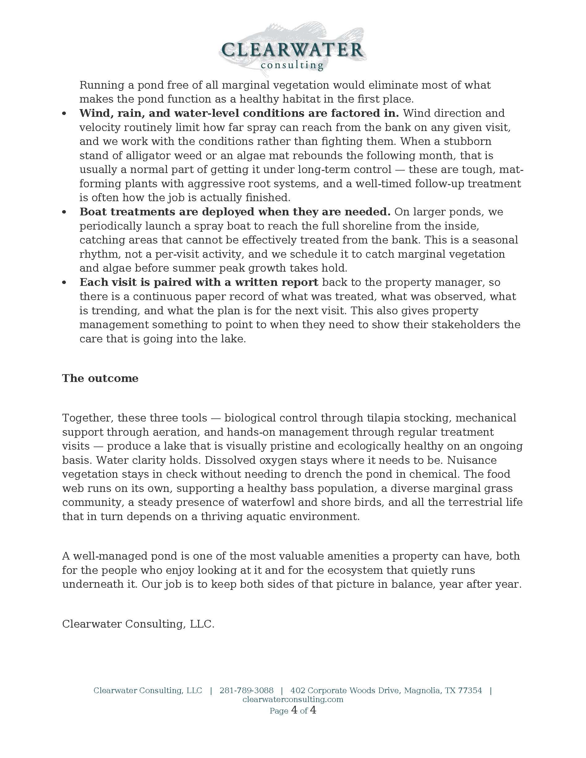Clearwater Consulting lake management approach document — page 4, the outcome